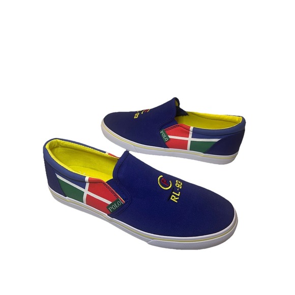 POLO RALPH LAUREN RL-93 Blue Slip On Loafers‎ Canvas Boat Shoes Mens 6 Boys Kid - Picture 1 of 7